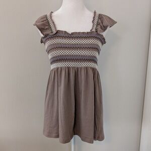 Y2K Smocked Babydoll Top LARGE Peasant Cottagecore Empire Square Neck Brown
